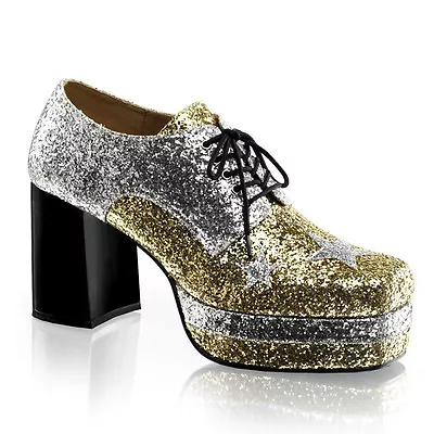 Solid Gold Silver Glitter Soul Train Disco Dancer Platform Costume Elvis Shoes • $72.95