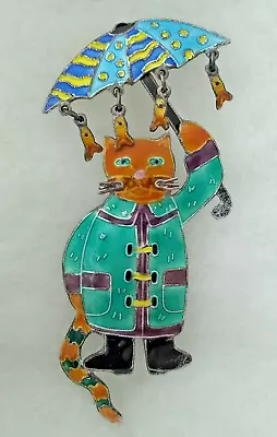 Vintage Zarah Sterling Silver Cloisonne Enamel  Raining Fish Umbrella Cat Brooch • $84.99