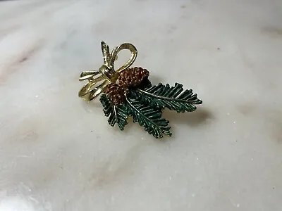 Gerrys Pinecone Enamel Gold Tone Ribbon Bow Jewelry Leaf Pin Brooch Vintage • $5