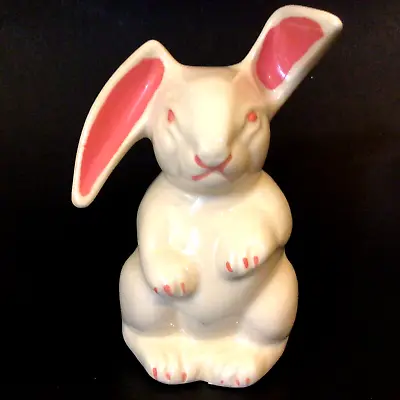 Rabbit Cotton Ball Dispenser Figurine Vintage 1940's Ceramic Pink  White 6 1/4  • $9.50