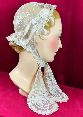 1850s 1860s Lace Bonnet Lappets Hand Embroider Civil War Victorian Negligee • $303.48