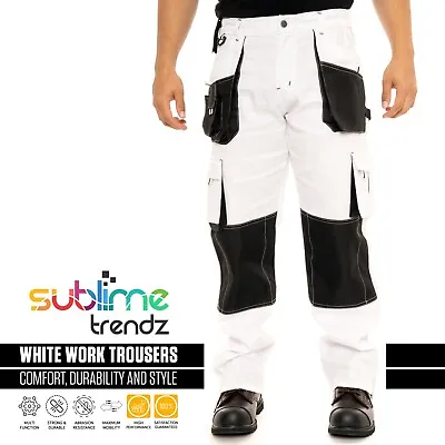 Mens Combat White Cargo Pants Painters Decorators Trousers Knee Pad Pockets • £19.99