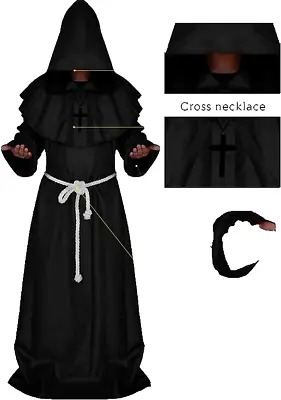 Monk Costume Medieval Hooded Monk Robe Cross Rope Belt • $28.22