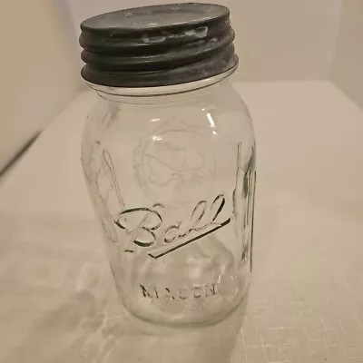 VINTAGE GLASS QUART CANNING JAR BALL Genuine Sculpturef WITH  BALL ZINC LID • $14.99