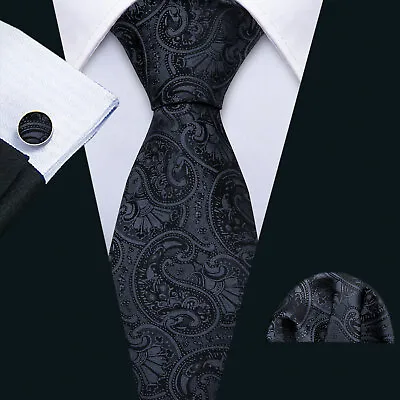 <HOT !> Mens Black Paisley Silk Classic Tie Funeral Formal Business Necktie Set • £9.59