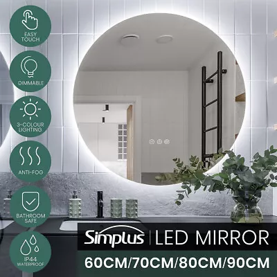 Simplus LED Wall Round Mirror Anti-fog Smart Bathroom Mirrors Large Makeup Light • $113.99