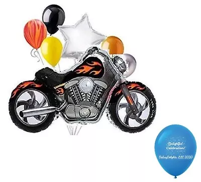 8pc Pieces Black Motorcycle With Orange-Yellow Flames Mylar & Latex Balloon Set • $12.75