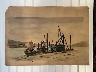 Vintage Watercolor ShipYard Landscape Painting 20 X11  Art Size -22 X15.5  Paper • $29.99