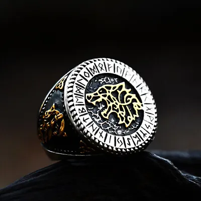 $12.98 • Buy Vintage Viking Wolf Head Ring Stainless Steel Men Boy's Viking Runes Amulet Ring