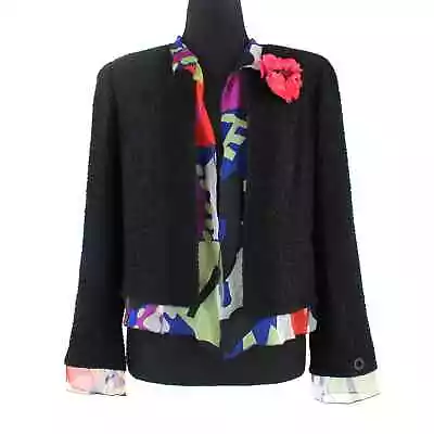 Chanel Black Boucle Wool Floral Silk Lined Blazer 42 Red Flower Brooch Jacket L • £590.31