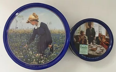 Danish Butter Cookies Round Tins Girl Flower Meadow Family Tea Vintage Lot Of 2 • $8.99