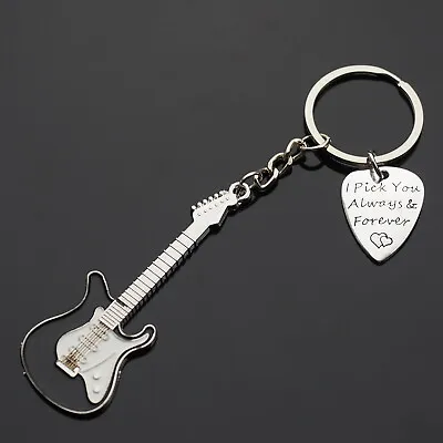 Black Guitar & Pick Keychain I Pick You Always & Forever Hearts Love Music Gift • $6.99