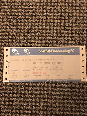 Sheffield Wednesday V Manchester City - 1992/93 - Premier League - Ticket Stub • £0.99