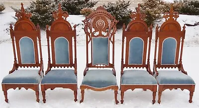 Antique Gothic Revival Cathedral Chairs Mahogany Blue Velvet Castle Dining Room • $650