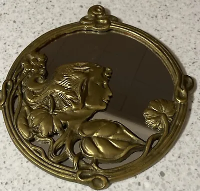 Vintage Art Nouveau Lady Floral Solid Brass Round Wall Accent Mirror 10” • $49.99