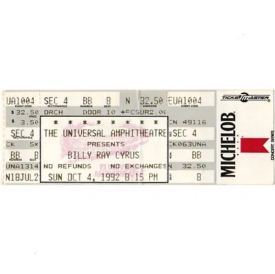 BILLY RAY CYRUS Concert Ticket FULL Stub LOS ANGELES 10/4/92 UNIVERSAL MILEY • $8.99