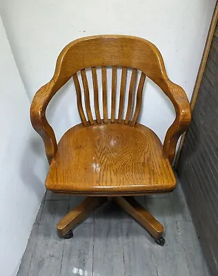 Vintage Mission Oak Wood Banker Swivel Rolling Office Arm Chair Gunlocke Style C • $396
