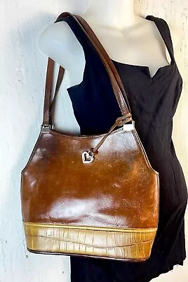 Vintage Brighton Purse Handbag Tan Distressed Leather Croc Tote With Heart Charm • $32
