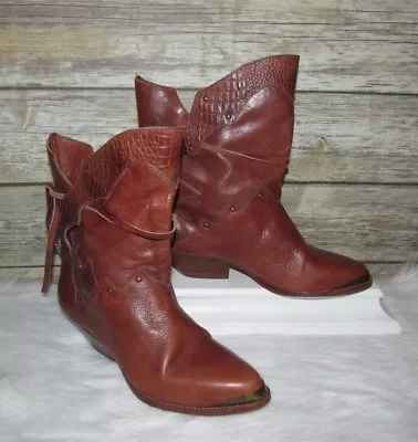 Vntg Rush Hour Brown Genuine Leather Western Style Croc Trim Ankle Boots Sz 6.5B • $52.99