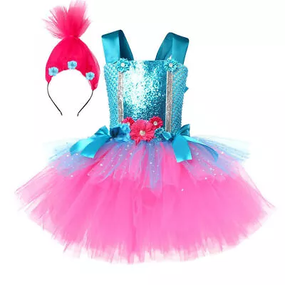 Cosplay Trolls Princess Poppy Kids Dress Headband Halloween Girls Party Suits • £18.55