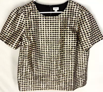 J Crew Lurex Black Gold Metallic Crinkle Puff Sleeve Top XL Lined Checkered NEW • $17.10