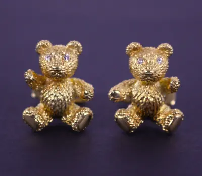 ESTATE $5895 Vintage 18K Yellow Gold Diamond TEDDY BEAR Cufflinks 0.12 CTW • $2498