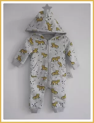 F&F Baby Boys Romper Grey Tiger Hooded All In One Outfit Up To 1 Month NEW • £11.99