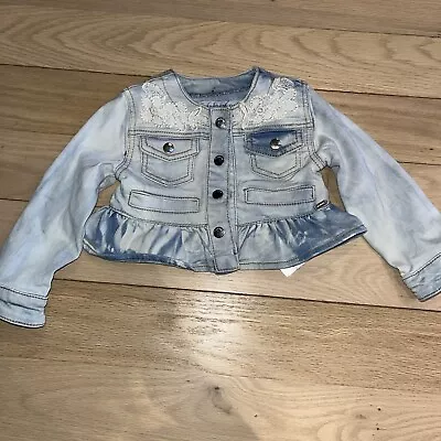 Mayoral Denim Ruffled Cropped Jacket W/ Lace Around Collar Bleached Wash 12 Mo • $12