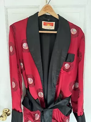 Vintage Wrap Style Smoking Jacket By ORIENTAL Asian Pattern Red/Black Size 44 • $35