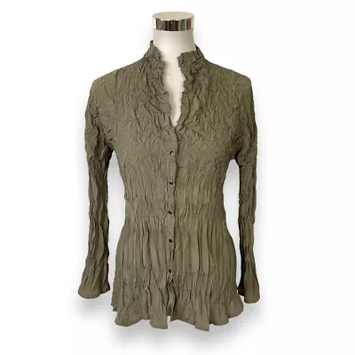 Babette Size XS Shirt Top Blouse Snap Front Olive Green Crinkle • $45