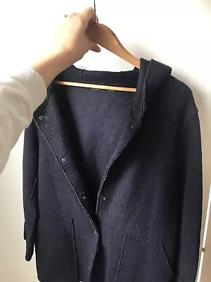 Zara Navy Wool Blend Textured Long Sleeve Hooded Button Down Coat Size S • $40