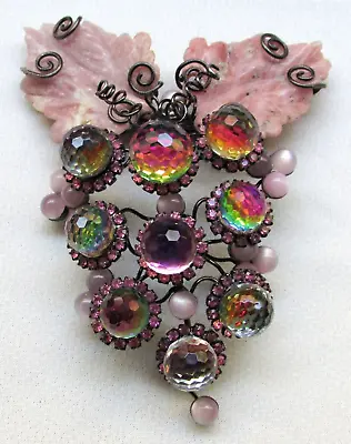 Vtg Huge Gunmetal Grape Brooch LAWRENCE VRBA Sign Large Art Crystal Berry 665jy • $875.95