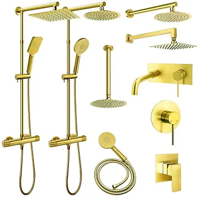 £21.99 • Buy Thermostatic Mixer Shower Set Gold Twin Head Exposed Valve Bar Basin Sink Tap