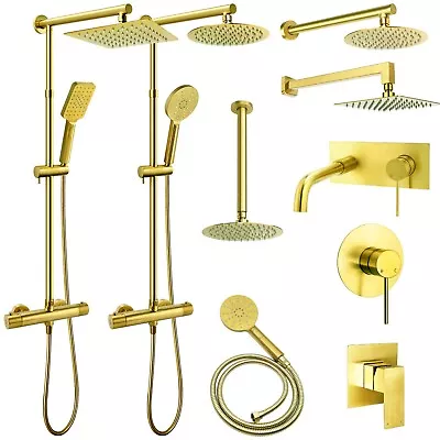 Thermostatic Mixer Shower Set Gold Twin Head Exposed Valve Bar Basin Sink Tap • £55.94