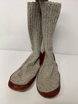 VTG LL Bean 17661 Pull Slipper Socks Mens 11 Wool & Leather USA Made Tan Brown • $22