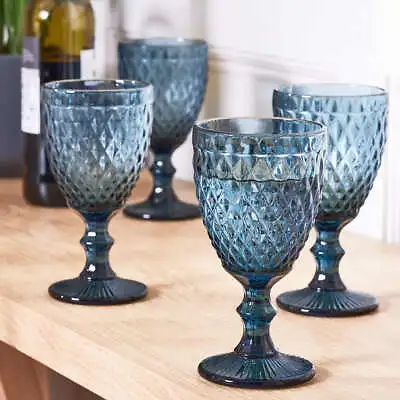 BOX OF 6 - SIDARI BLUE Vintage RED WINE GLASSES 6pc Coloured Glassware 350ml • £14.99