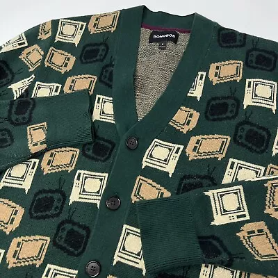 Bonobos Cardigan Mens Medium Cashmere Blend Retro TV Print Green Sweater • $39.99