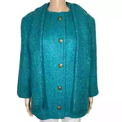Donegal Design Wool Mohair Jacket Coat Turquoise Teal Vintage 1980s Women's XL • $68