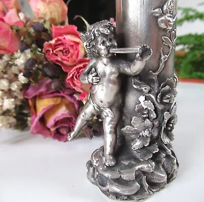 Antique Art Nouveau Sterling Silver Deposit Porcelain Cherub Bud Vase Putti • $179.95