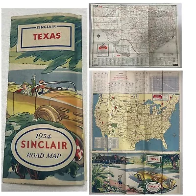 Vintage 1934 Sinclair Oil & Gas TEXAS Colorful Graphic 5 Panel Fold Out ROAD MAP • $9.99