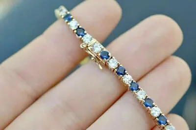 Lab Created Blue Sapphire Tennis Bracelet 6.Ct Round Cut 14K Yellow Gold Plated • £185.63