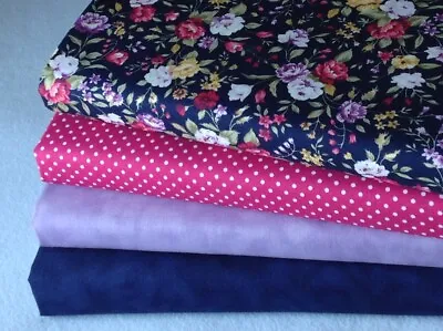 100% Cotton Fat Quarter Bundle Quality Craft Fabric Floral Navy Lilac Cerise B   • £8.40