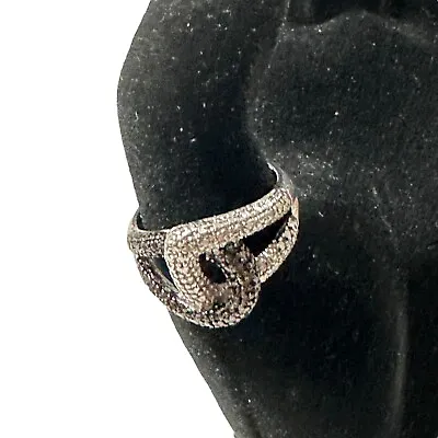 Vtg Signed 925 DL Black Silver Infinity Knot Lovers Knot Ring Size 8 Diamond Cut • $38.99