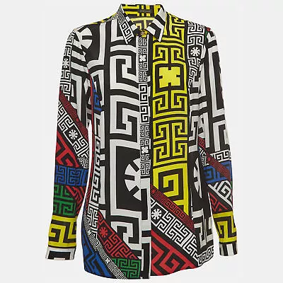 Versace Multicolor Geometric Greek Print Chiffon Silk Shirt L • $362.25