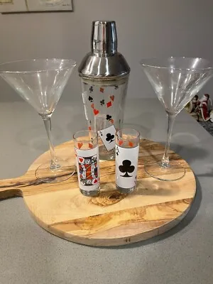 Vintage Luminarc Card Party 5 Piece Cocktail Set Shaker 2 Martini 2 Shot Glasses • $65