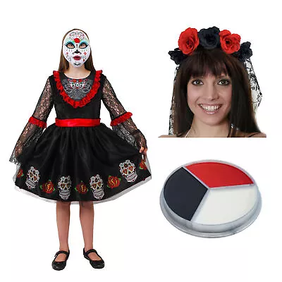 Day Of The Dead Girls Costume Fancy Dress Halloween Outfit Child's Sugar Skull  • £15.39