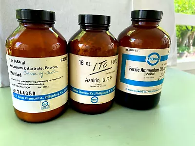 3 Vintage J.t. Baker Chemical Co Asprin Potassium Ferric Ammonia Citrate Bottles • $9