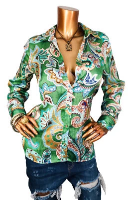 $21.99 • Buy Zara S Top NWT $45 Paisleys Multi Print Button Up Low V Cut Blouse Long Slv Soft