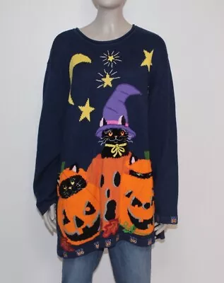 The Quacker Factory Sweater Top Womens Plus 1X Black Cat Pumpkins Halloween • $42