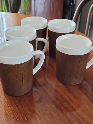 Vintage Set Of  5 West Bend Thermo Serv Insulated Coffee Cups Mugs Wood Grain  • $19.99